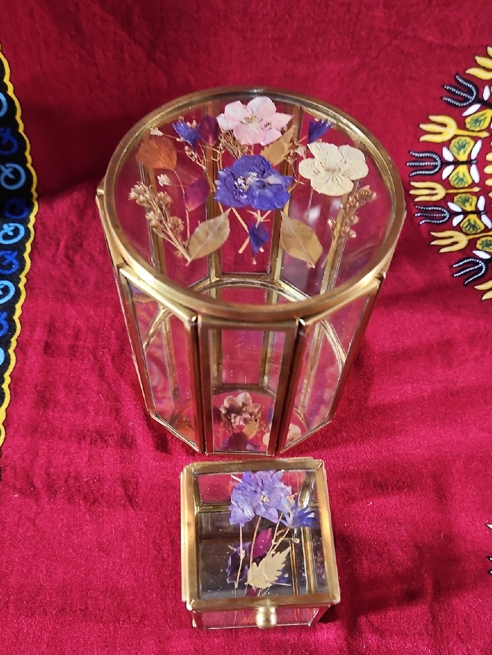 World Market Pressed Flower Glass & Brass Trinket Jewelry Boxes (Set of 2)